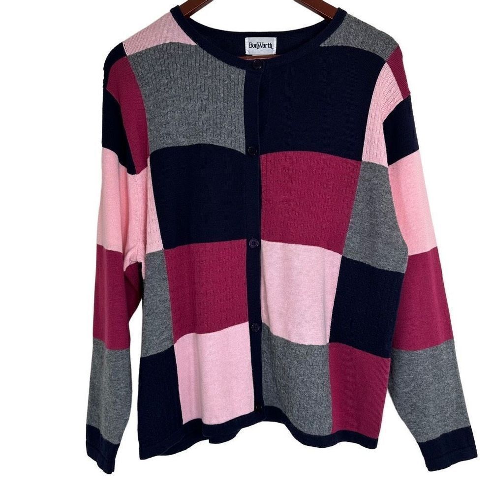 Vintage BonWorth Women’s Colorful Patchwork Cardigan Sweater Medium Petite Y2K‎